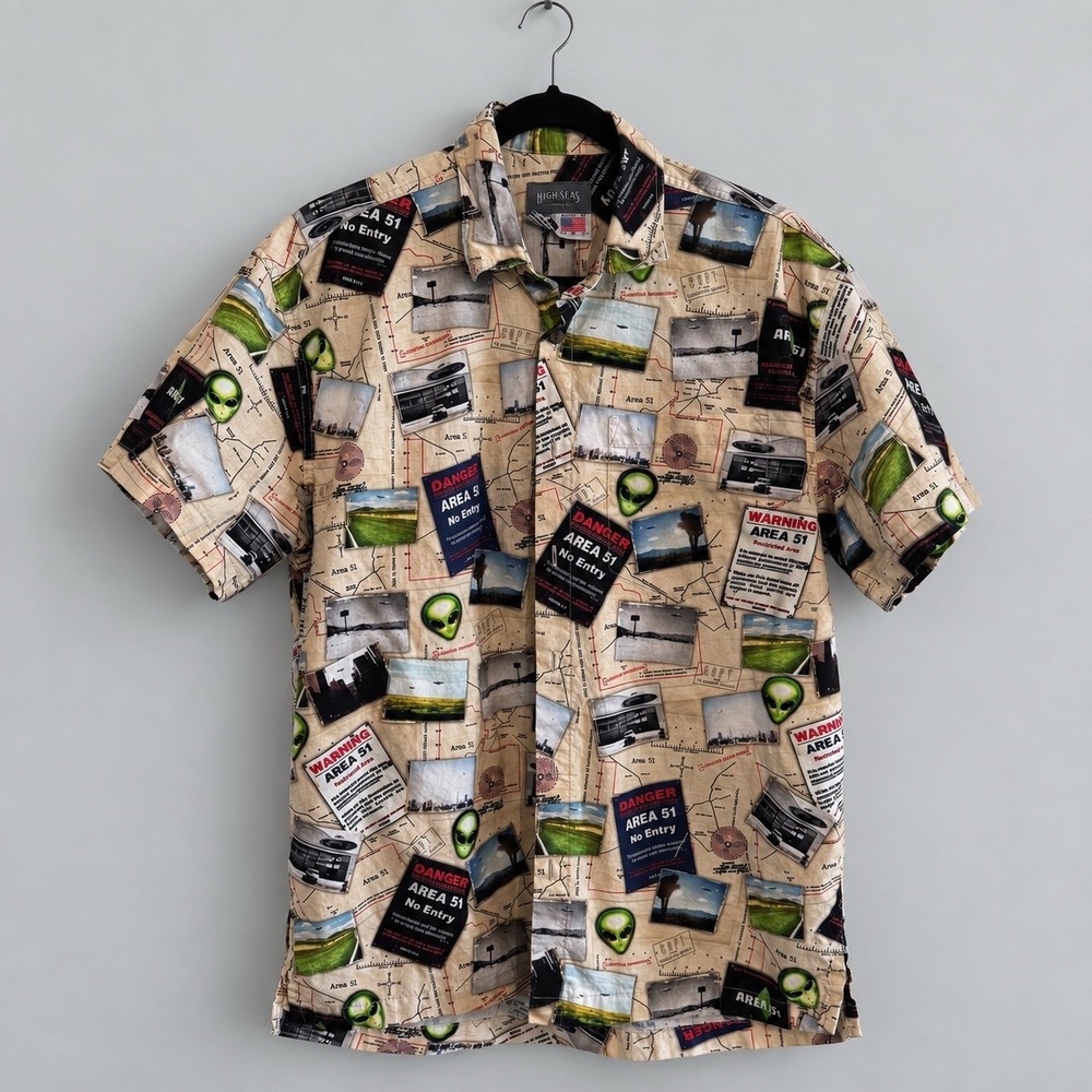 Vintage 90s High Seas Men's M Area 51 Alien UFO Hawaiian Shirt Made USA